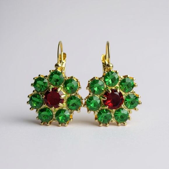 Amelia Earrings Flower Ruby Red & Emerald Green Austrian Crystal Stones Lever - Picture 1 of 3